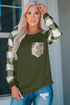 Plaid Splicing Sequined Pocket Long Sleeve Top